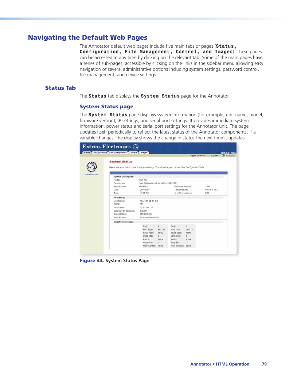 Status tab, Navigating the default web pages | Extron Electronics Annotator User Guide User Manual | Page 85 / 108