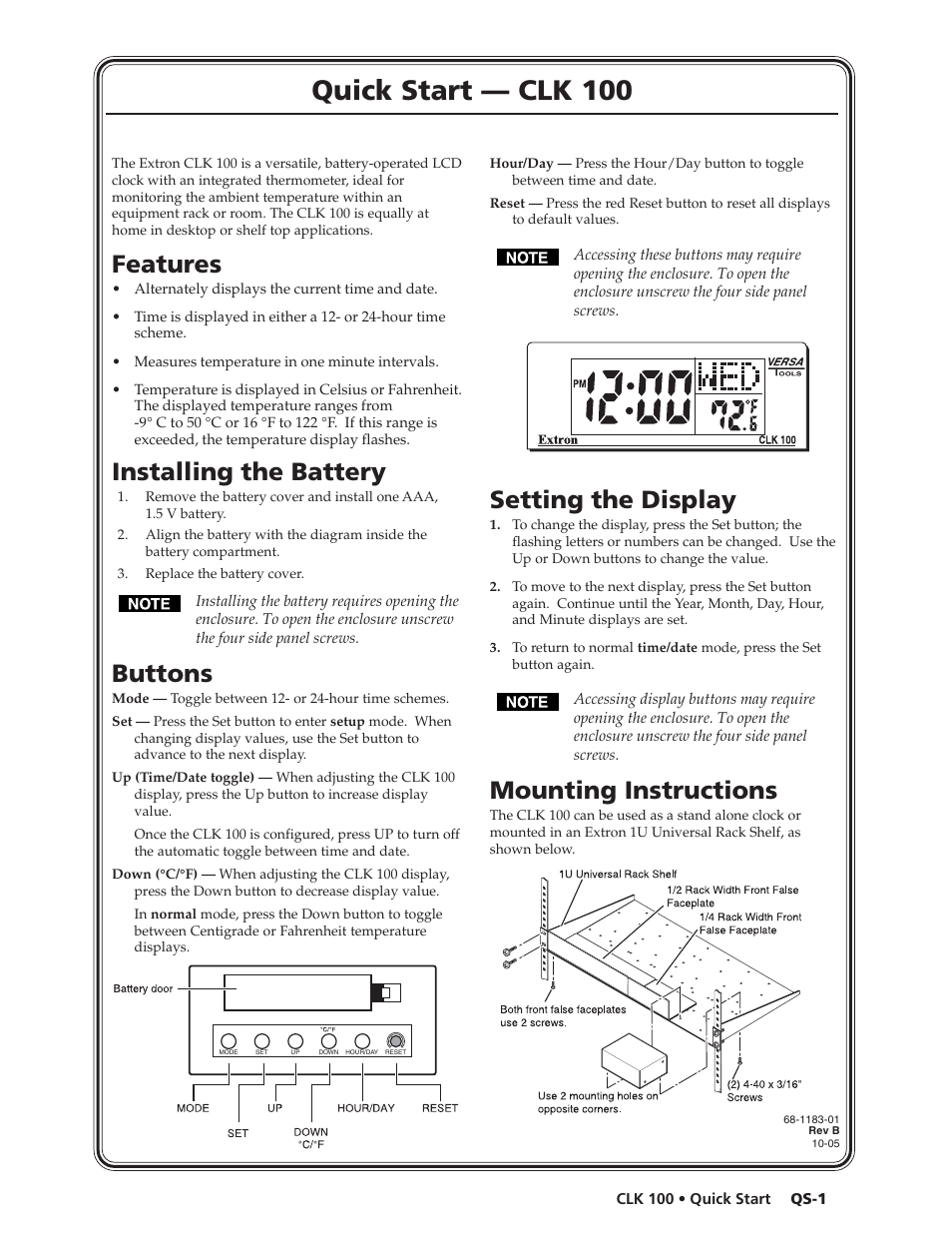 Extron Electronics CLK 100 User Manual | 2 pages