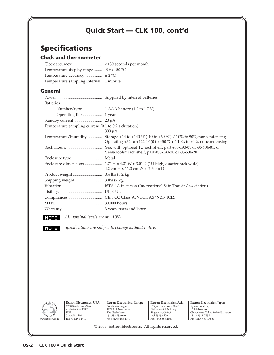 Specifications, Quick start — clk 100, cont’d | Extron Electronics CLK 100 User Manual | Page 2 / 2