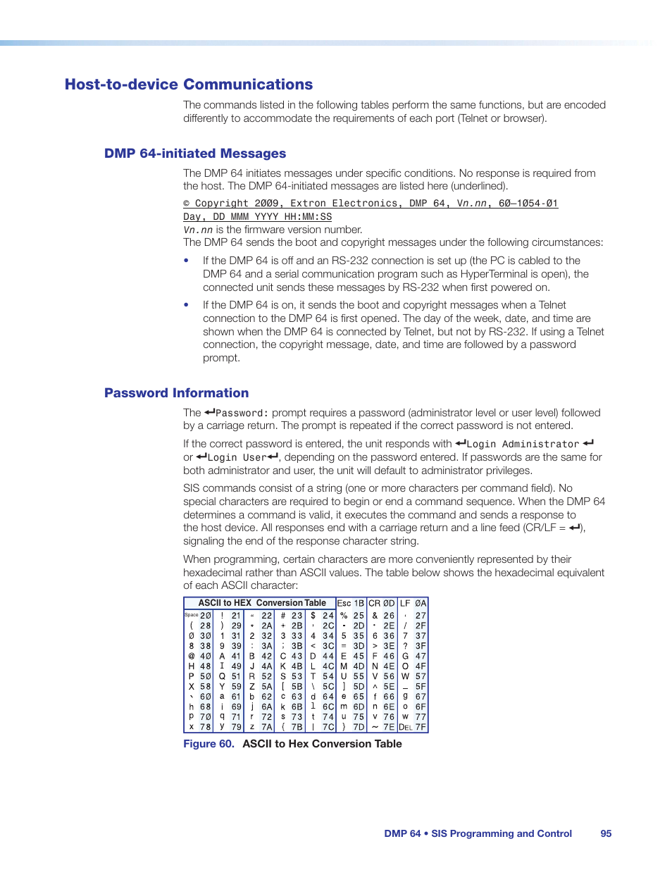 Host-to-device communications, Dmp 64-initiated messages, Password information | Dmp 64-initiated messages password information, Ogramming details once the connection is made, see, Host-to-device, Communications | Extron Electronics DMP 64 User Guide User Manual | Page 101 / 146