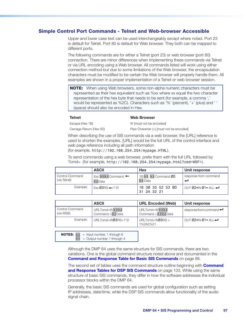 Simple control port commands, Telnet and web-browser accessible | Extron Electronics DMP 64 User Guide User Manual | Page 103 / 146
