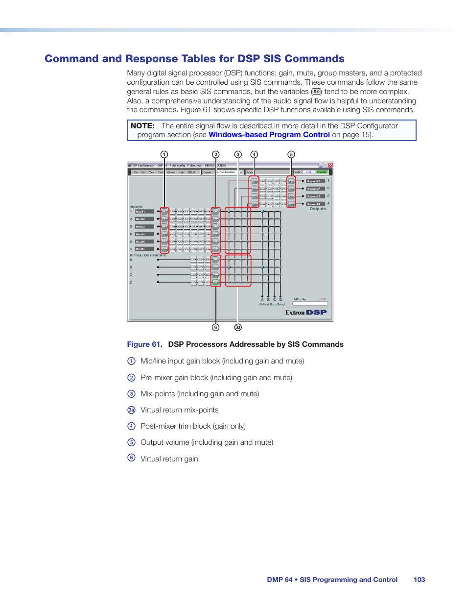 Command and response tables for dsp sis commands, Command and response tables for, Dsp sis commands | Command, And response tables for dsp sis commands | Extron Electronics DMP 64 User Guide User Manual | Page 109 / 146