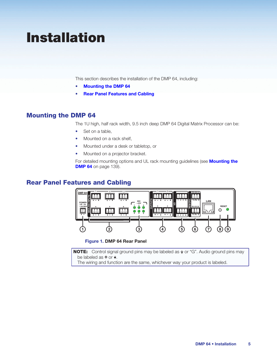 Installation, Mounting the dmp 64, Rear panel features and cabling | Extron Electronics DMP 64 User Guide User Manual | Page 11 / 146