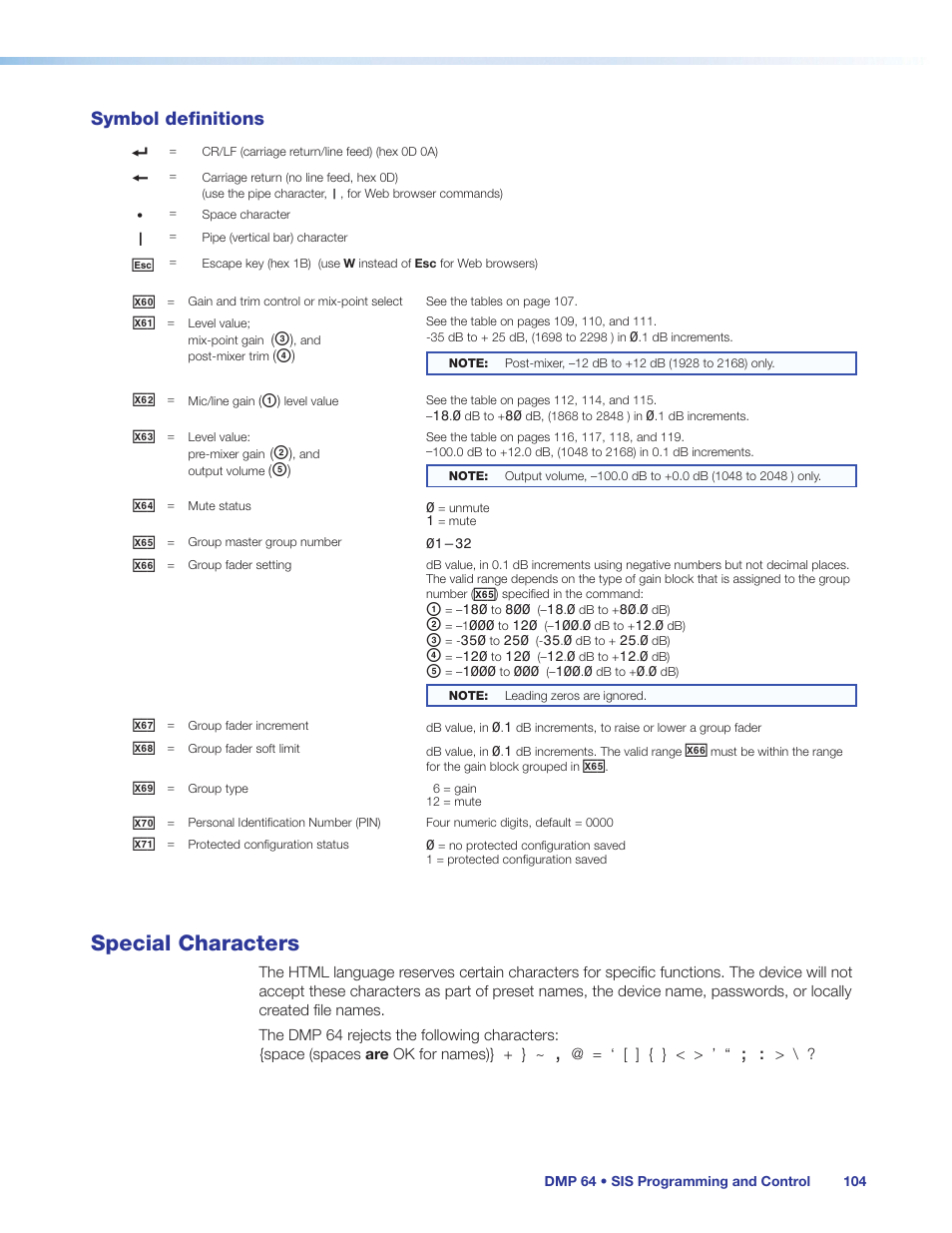 Symbol definitions, Special characters | Extron Electronics DMP 64 User Guide User Manual | Page 110 / 146