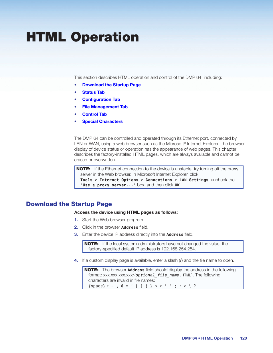 Html operation, Download the startup page | Extron Electronics DMP 64 User Guide User Manual | Page 126 / 146