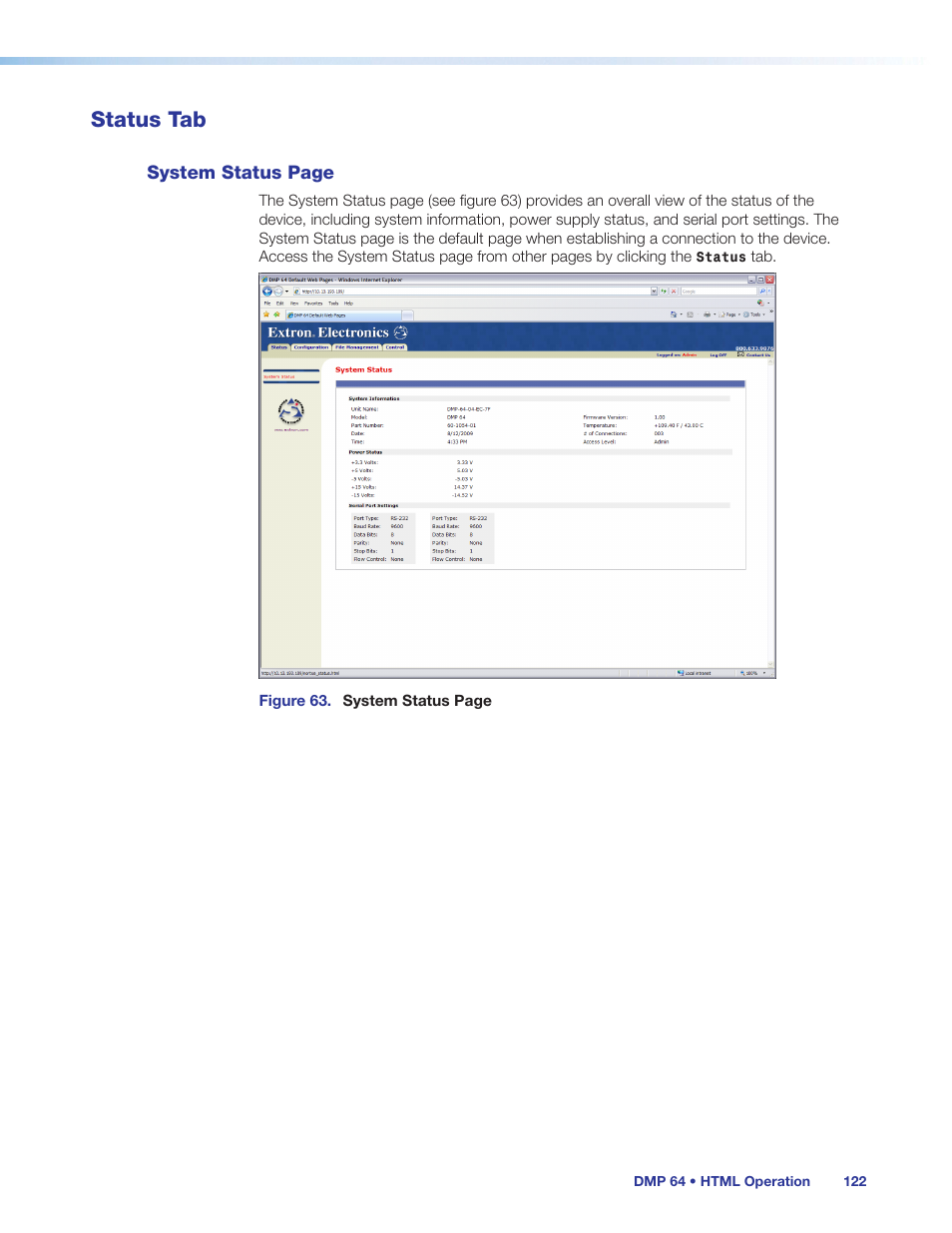 Status tab | Extron Electronics DMP 64 User Guide User Manual | Page 128 / 146