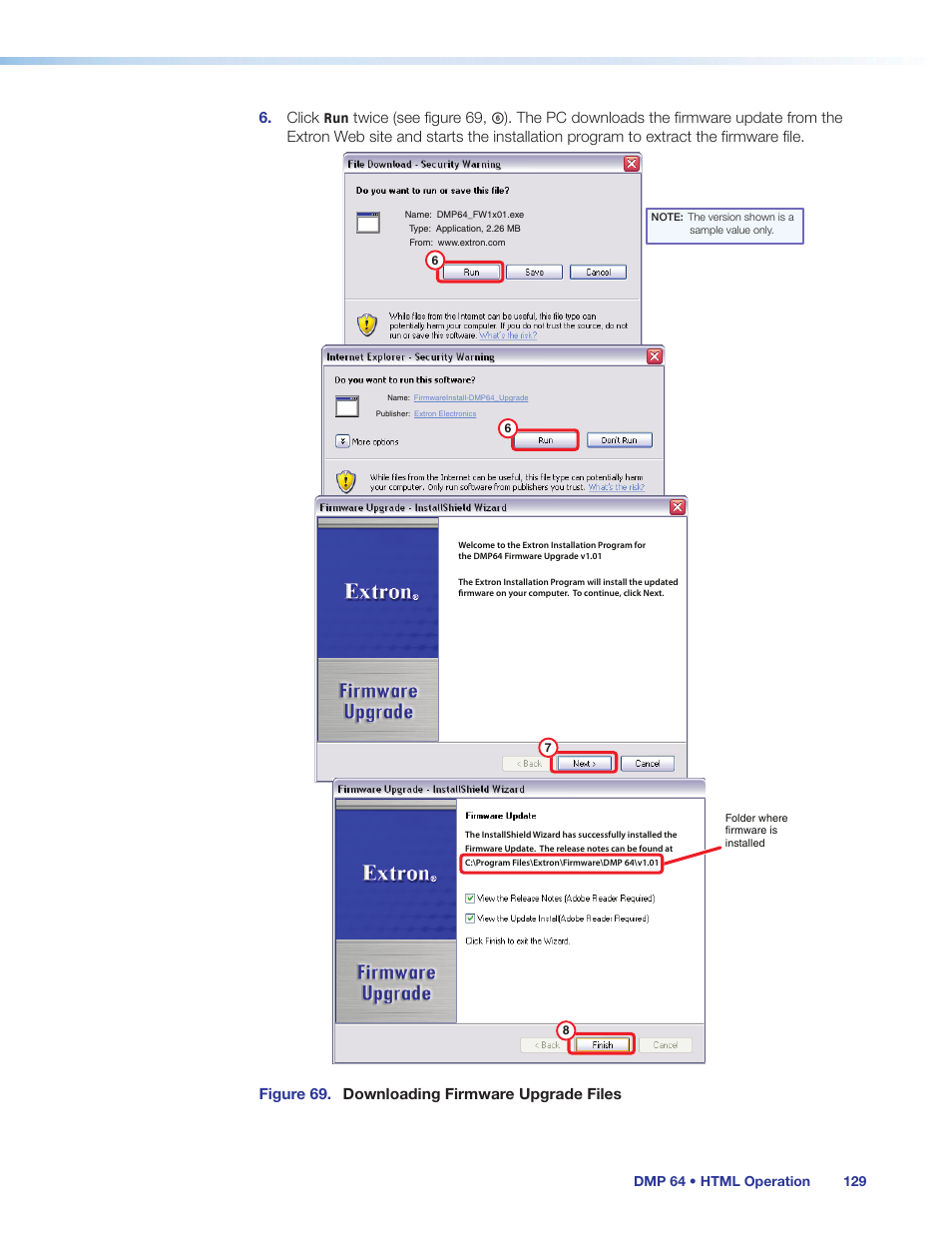Click, Figure 69. downloading firmware upgrade files | Extron Electronics DMP 64 User Guide User Manual | Page 135 / 146