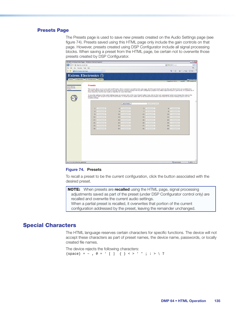 Special characters | Extron Electronics DMP 64 User Guide User Manual | Page 141 / 146