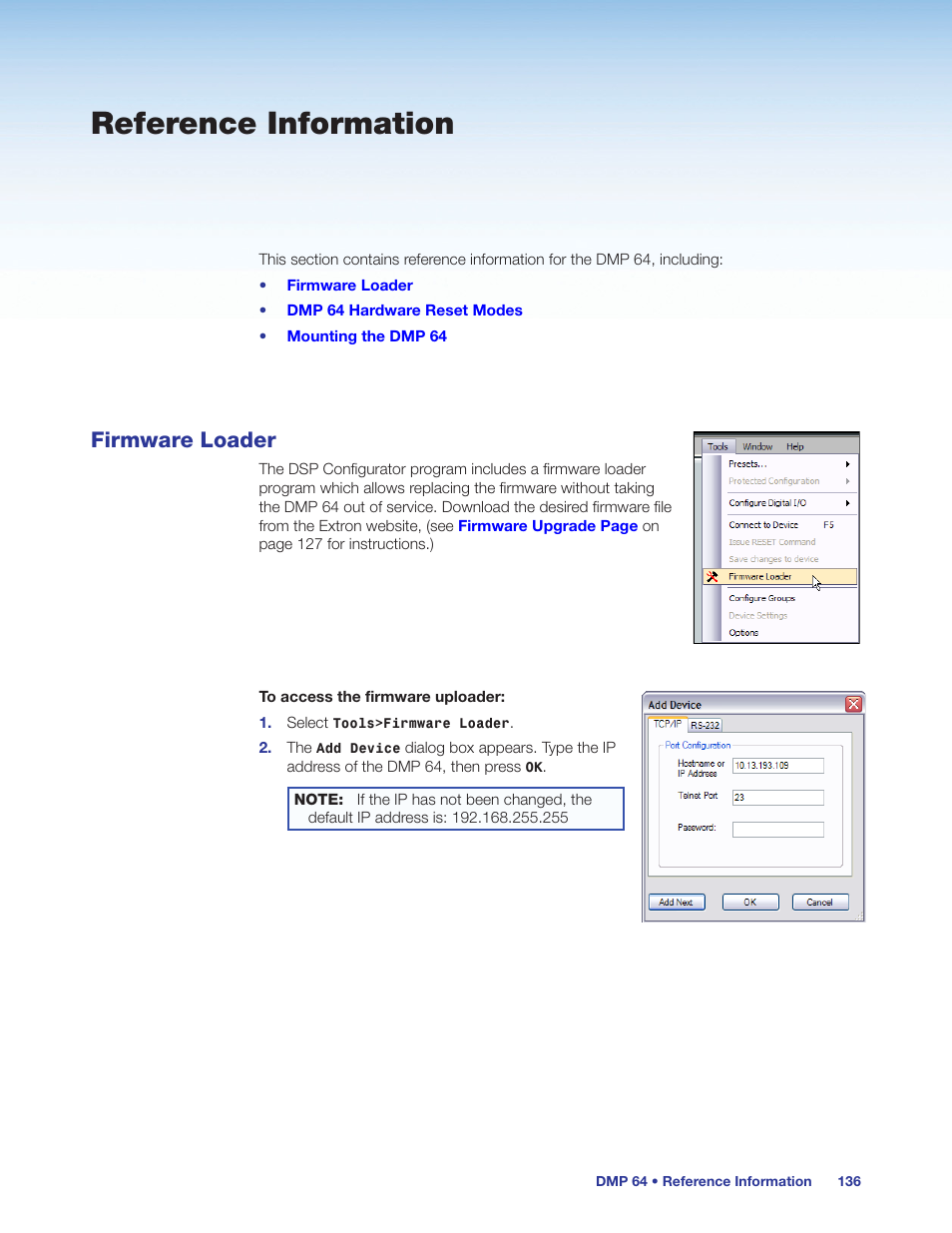 Reference information, Firmware loader, Without taking the dmp 64 out of service (see | Extron Electronics DMP 64 User Guide User Manual | Page 142 / 146
