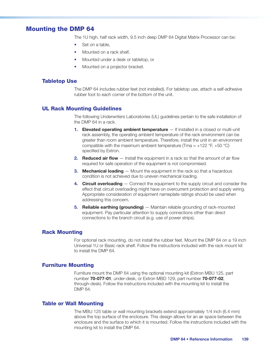 Mounting the dmp 64, Tabletop use, Ul rack mounting guidelines | Rack mounting, Furniture mounting, Table or wall mounting, Mounting the, Dmp 64 | Extron Electronics DMP 64 User Guide User Manual | Page 145 / 146