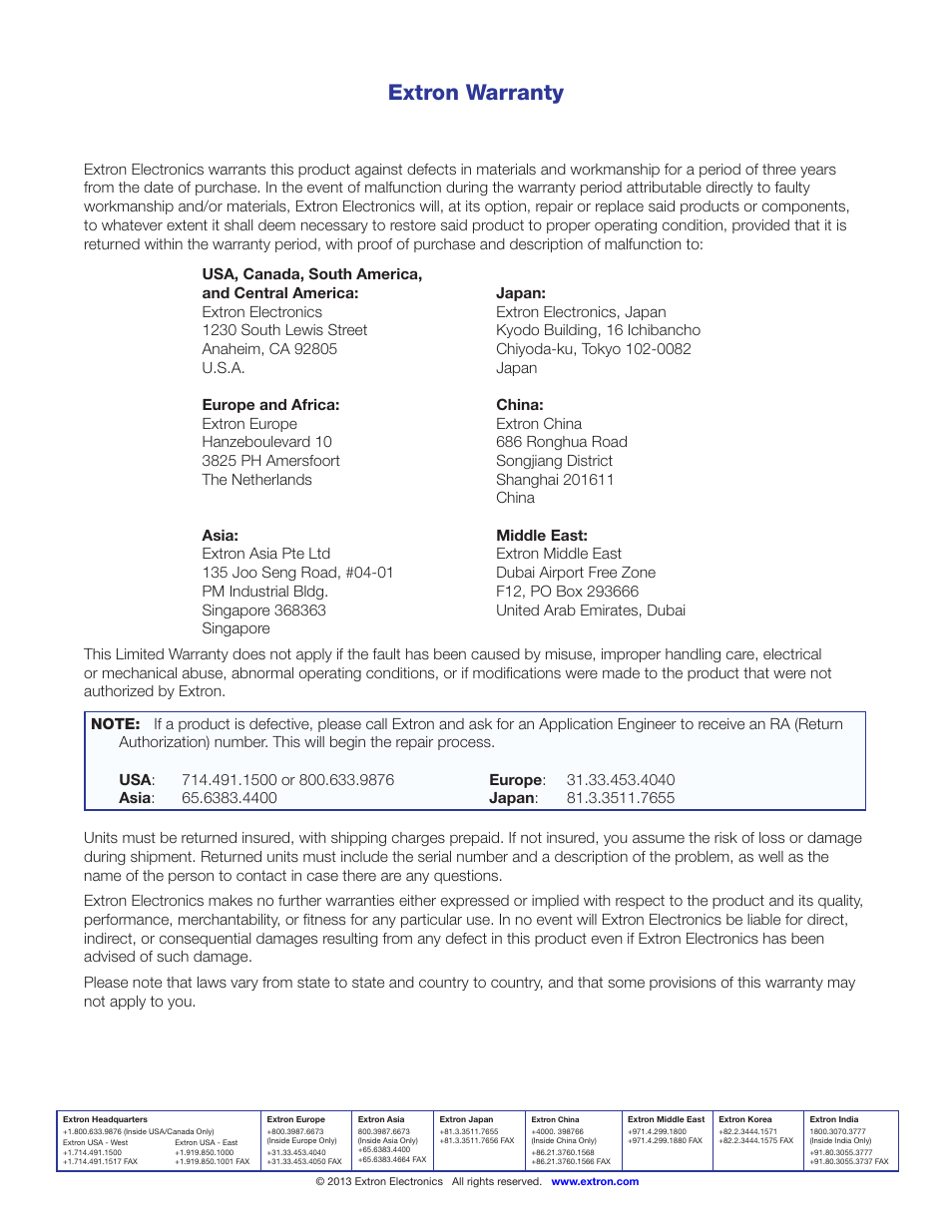 Extron warranty, Contact information extron warranty | Extron Electronics DMP 64 User Guide User Manual | Page 146 / 146