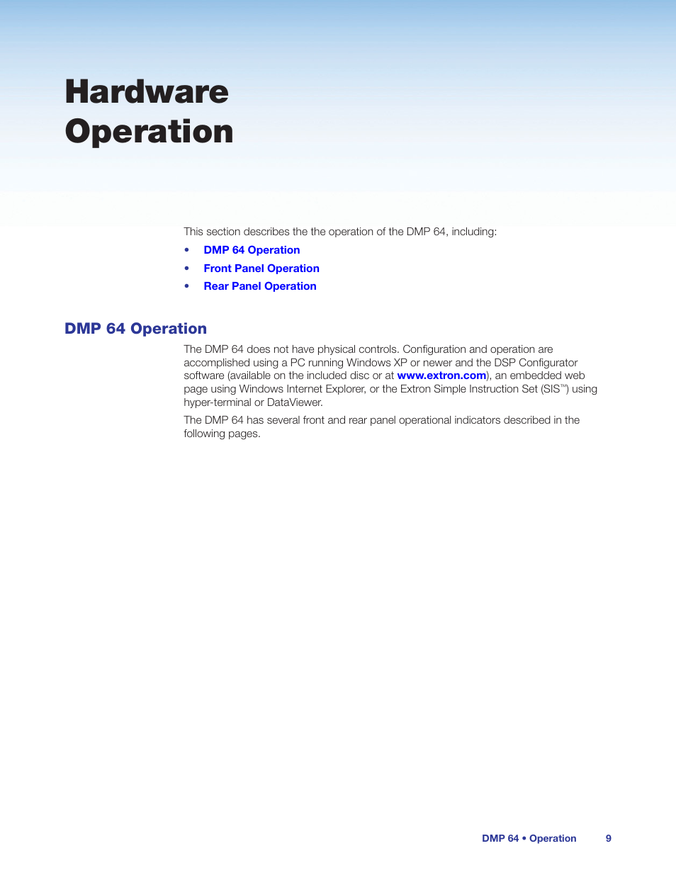 Hardware operation, Dmp 64 operation | Extron Electronics DMP 64 User Guide User Manual | Page 15 / 146