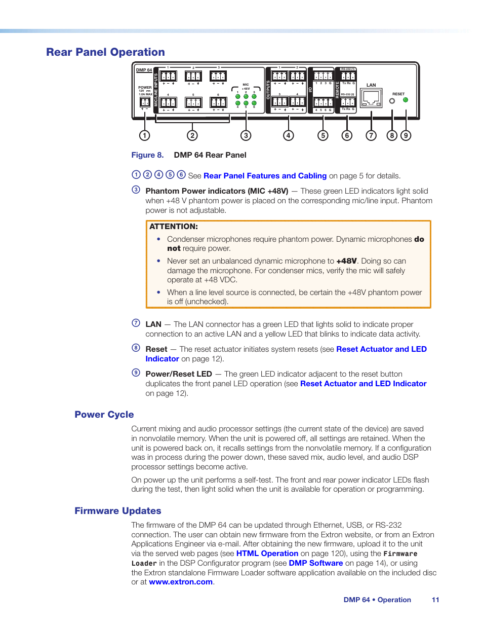 Rear panel operation, Power cycle, Firmware updates | Power cycle firmware updates | Extron Electronics DMP 64 User Guide User Manual | Page 17 / 146