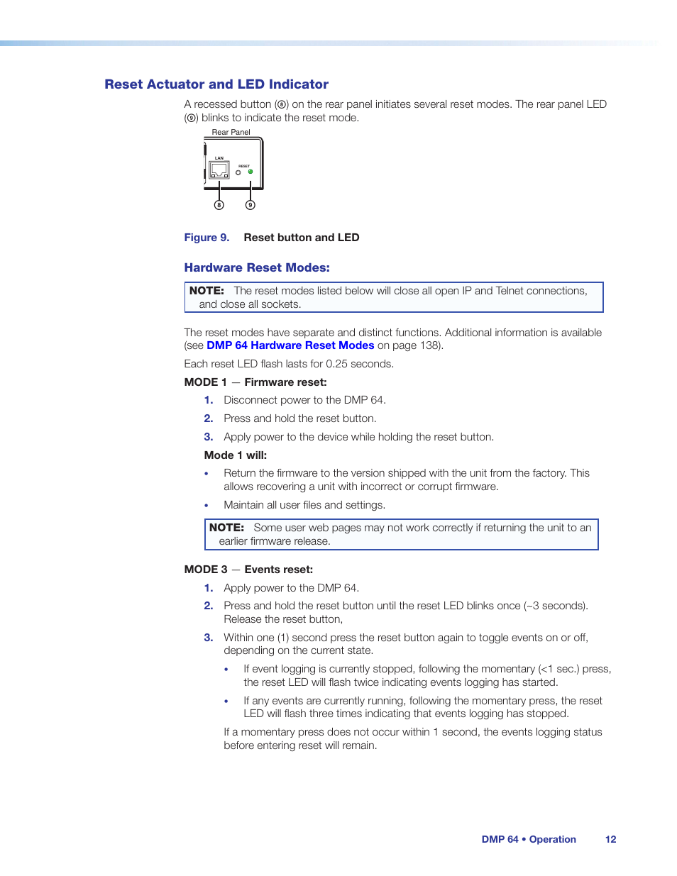 Reset actuator and led indicator, Esets (see, Reset actuator and led | Indicator, Ont panel led operation (see, Hardware reset modes, Figure 9. reset button and led, Dmp 64 • operation 12 | Extron Electronics DMP 64 User Guide User Manual | Page 18 / 146