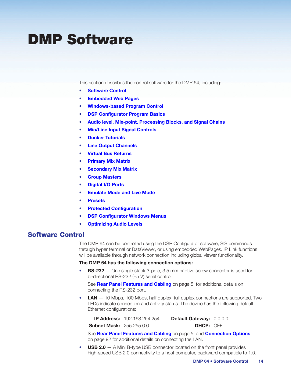 Dmp software, Software control, Ol (see | Ogram (see | Extron Electronics DMP 64 User Guide User Manual | Page 20 / 146
