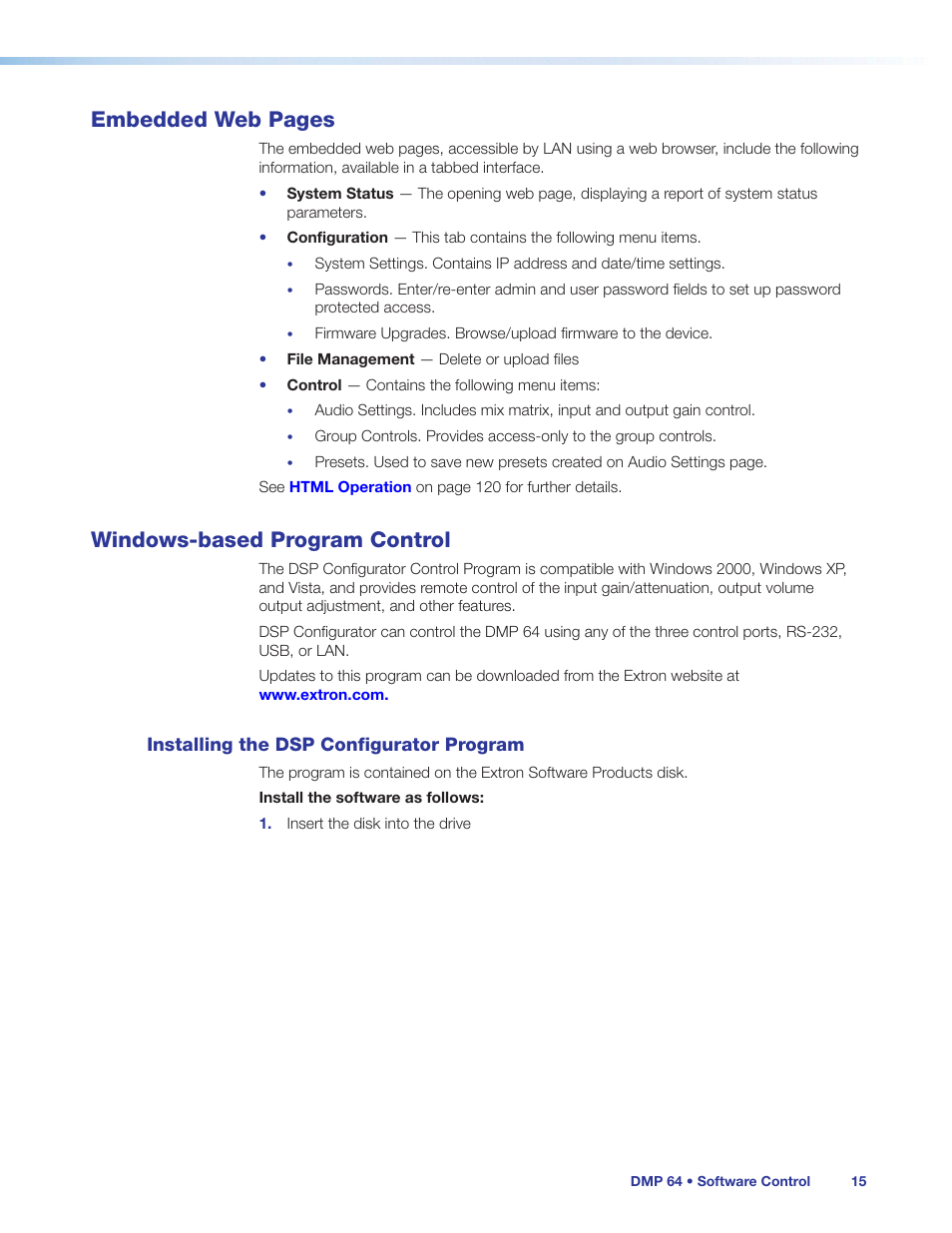 Windows-based program control, Installing the dsp configurator program, E operation (see | Windows-based program, Control, Embedded web pages | Extron Electronics DMP 64 User Guide User Manual | Page 21 / 146