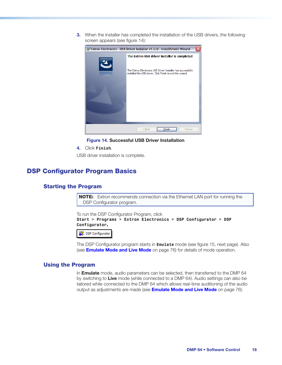 Dsp configurator program basics, Starting the program, Using the program | Starting the program using the program | Extron Electronics DMP 64 User Guide User Manual | Page 24 / 146