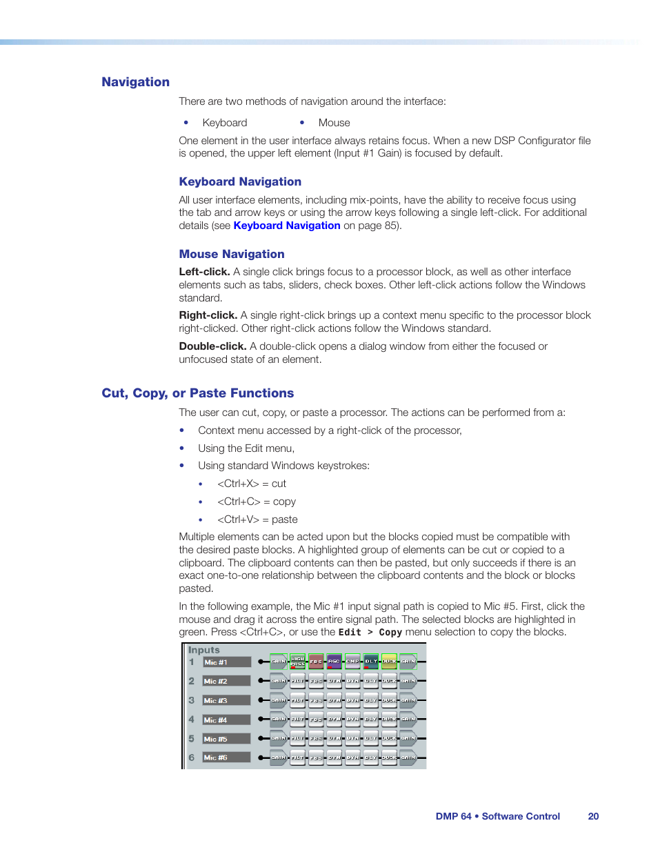 Navigation, Cut, copy, or paste functions, Navigation cut, copy, or paste functions | Extron Electronics DMP 64 User Guide User Manual | Page 26 / 146