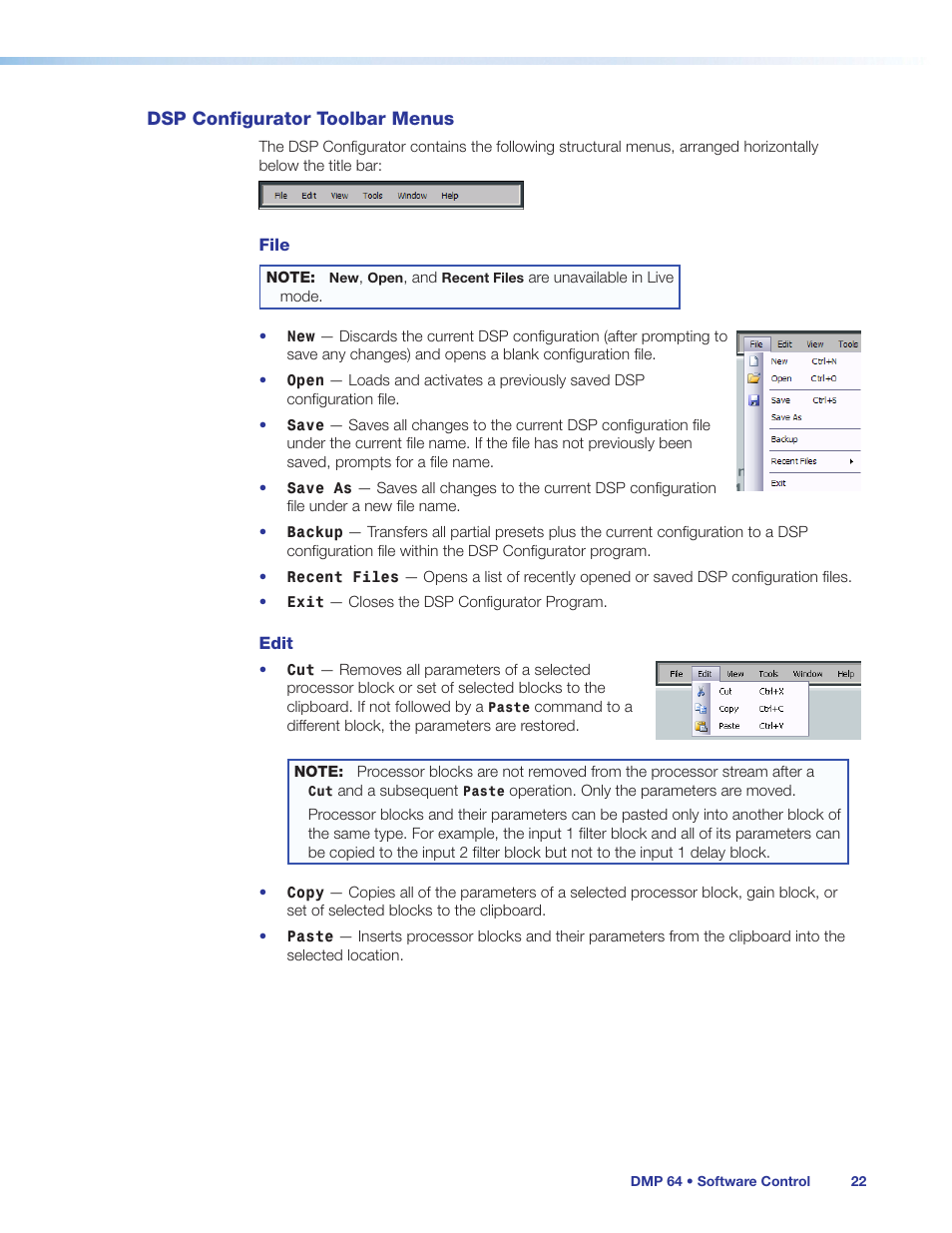 Dsp configurator toolbar menus | Extron Electronics DMP 64 User Guide User Manual | Page 28 / 146