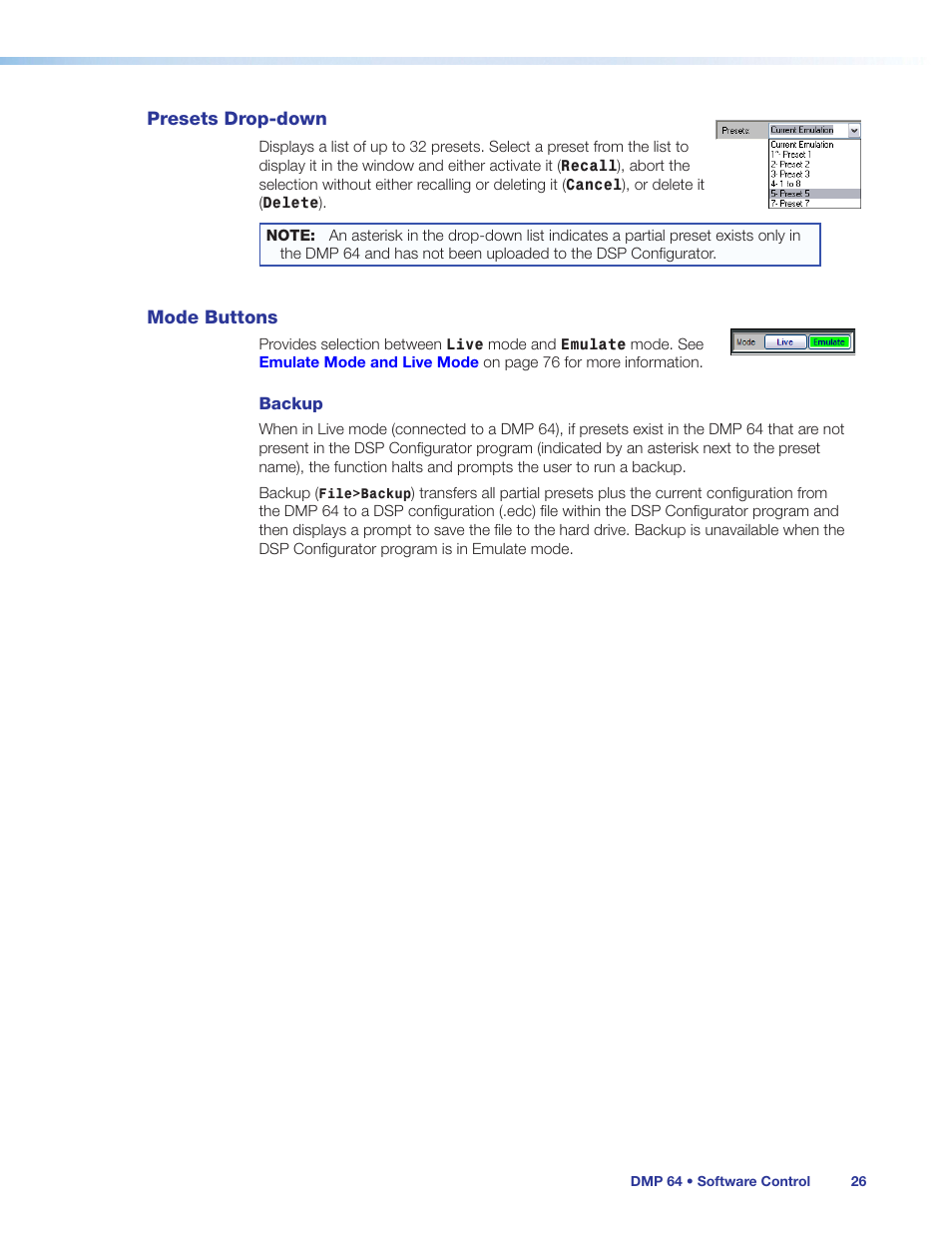 Presets drop-down, Mode buttons, Presets drop-down mode buttons | Extron Electronics DMP 64 User Guide User Manual | Page 32 / 146