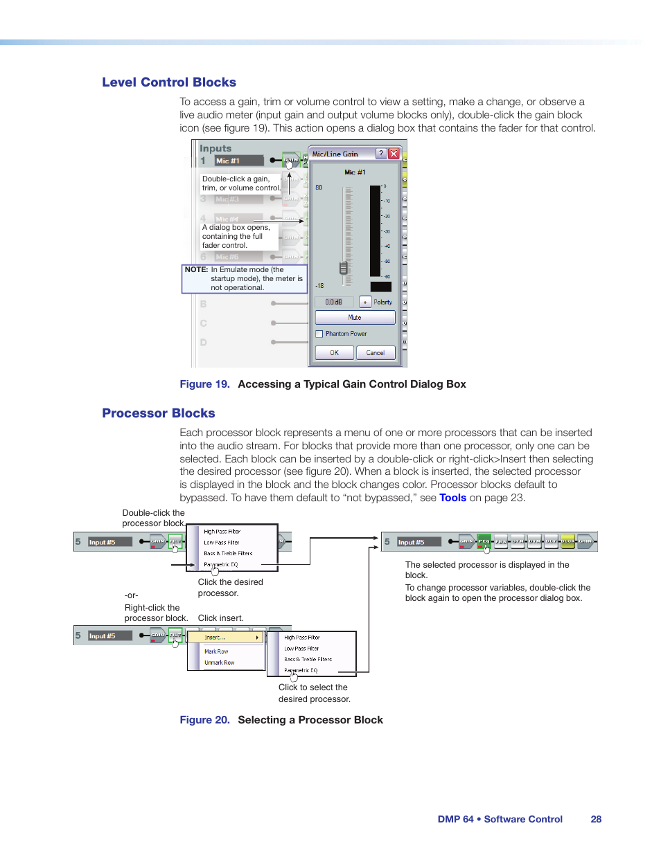 Level control blocks, Processor blocks, Level control blocks processor blocks | Extron Electronics DMP 64 User Guide User Manual | Page 34 / 146