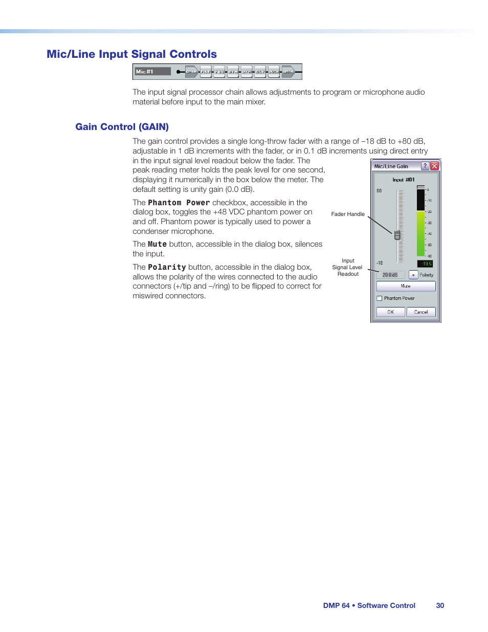 Mic/line input signal controls, Gain control (gain) | Extron Electronics DMP 64 User Guide User Manual | Page 36 / 146