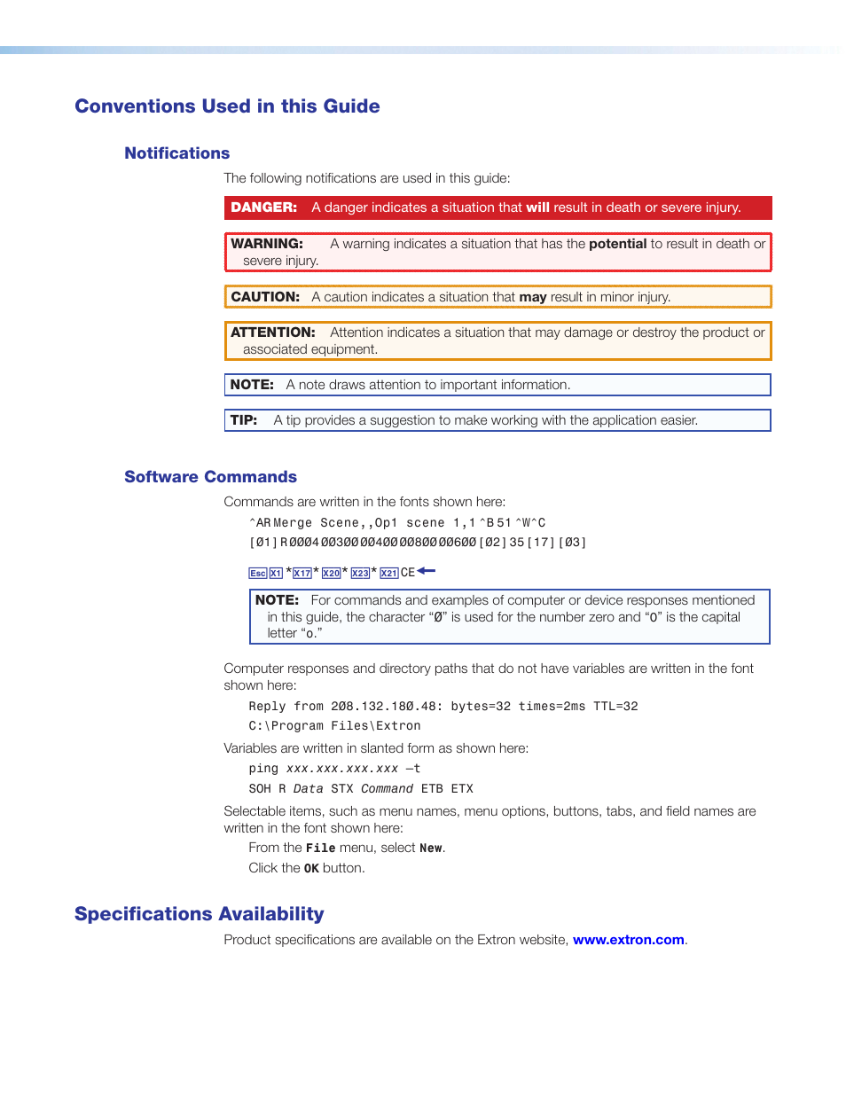 Conventions used in this guide, Specifications availability | Extron Electronics DMP 64 User Guide User Manual | Page 4 / 146