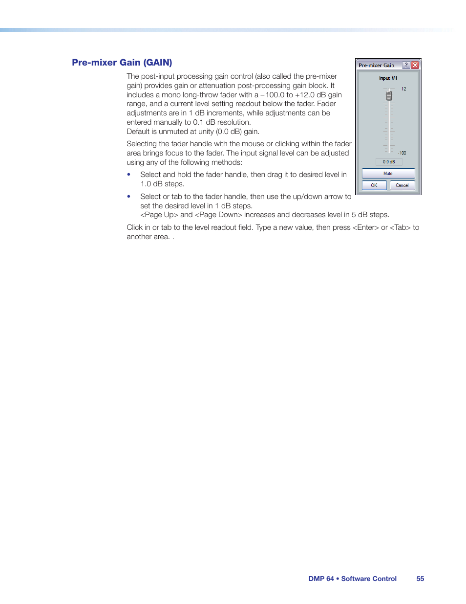Pre-mixer gain (gain) | Extron Electronics DMP 64 User Guide User Manual | Page 61 / 146