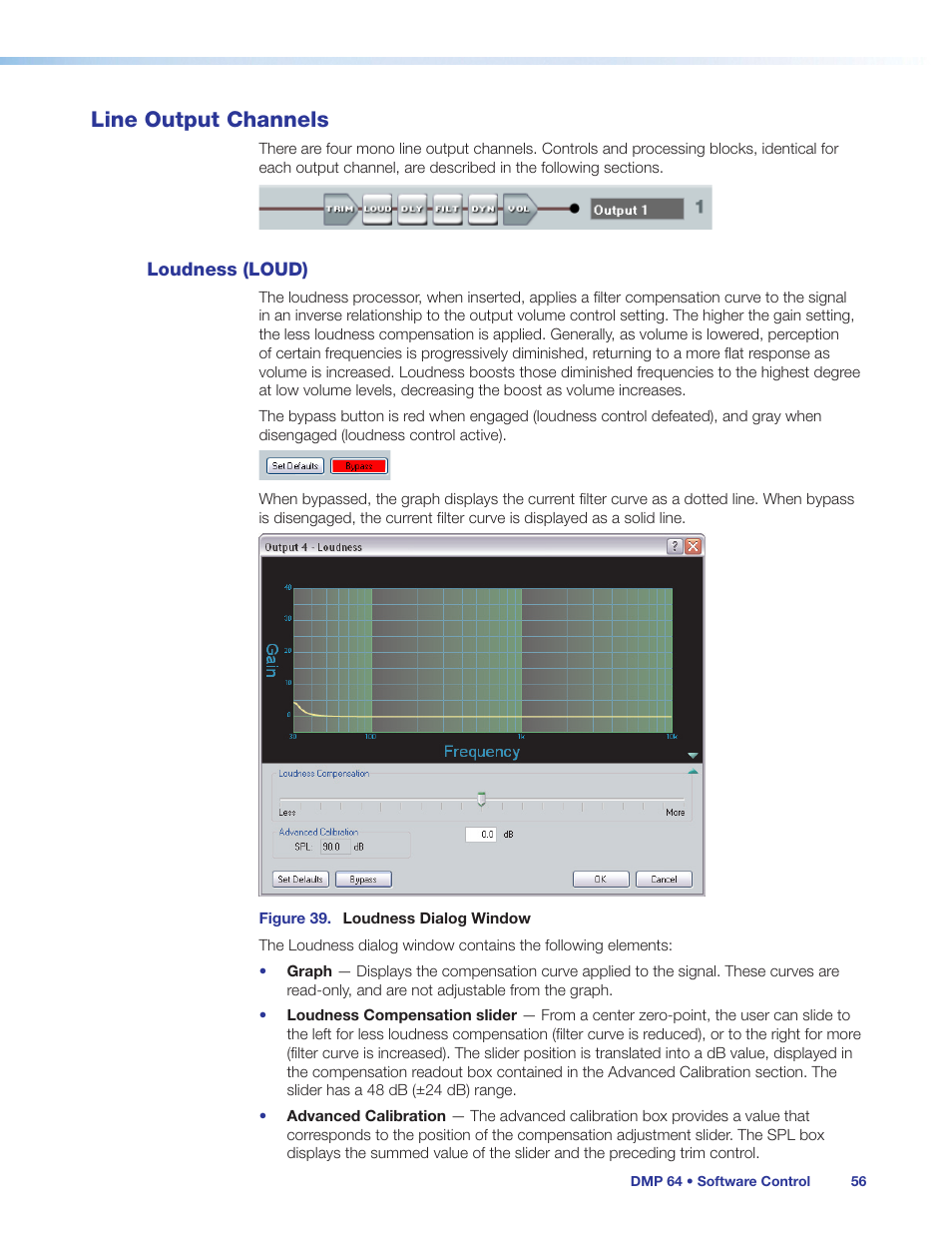 Line output channels, Loudness (loud) | Extron Electronics DMP 64 User Guide User Manual | Page 62 / 146