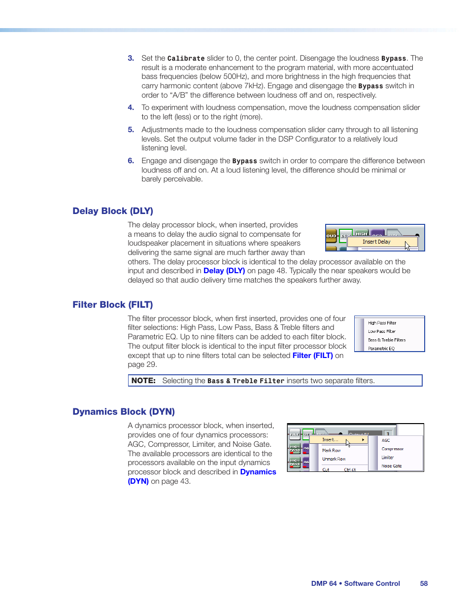 Delay block (dly), Filter block (filt), Dynamics block (dyn) | Extron Electronics DMP 64 User Guide User Manual | Page 64 / 146