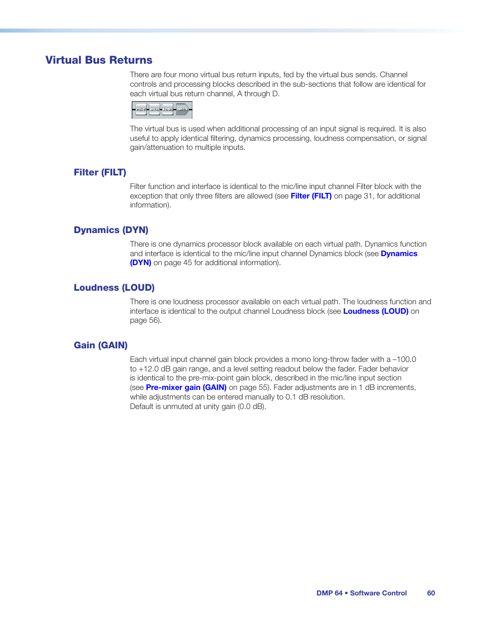 Virtual bus returns, Filter (filt), Dynamics (dyn) | Loudness (loud), Gain (gain) | Extron Electronics DMP 64 User Guide User Manual | Page 66 / 146