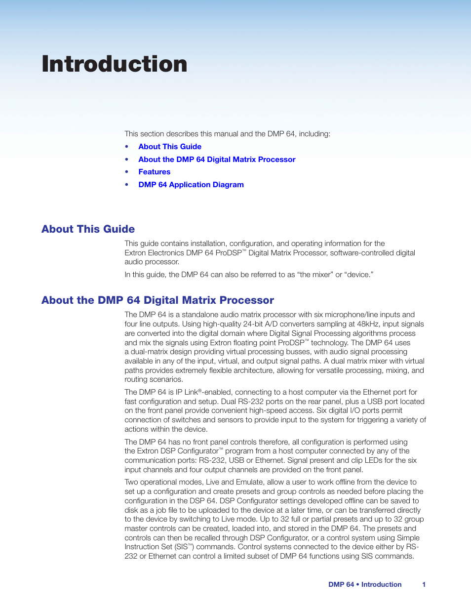 Introduction, About this guide, About the dmp 64 digital matrix processor | Extron Electronics DMP 64 User Guide User Manual | Page 7 / 146