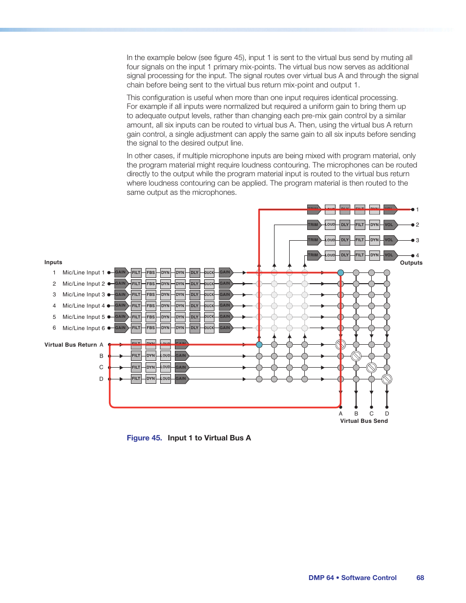 Figure 45. input 1 to virtual bus a, Dmp 64 • software control 68 | Extron Electronics DMP 64 User Guide User Manual | Page 74 / 146