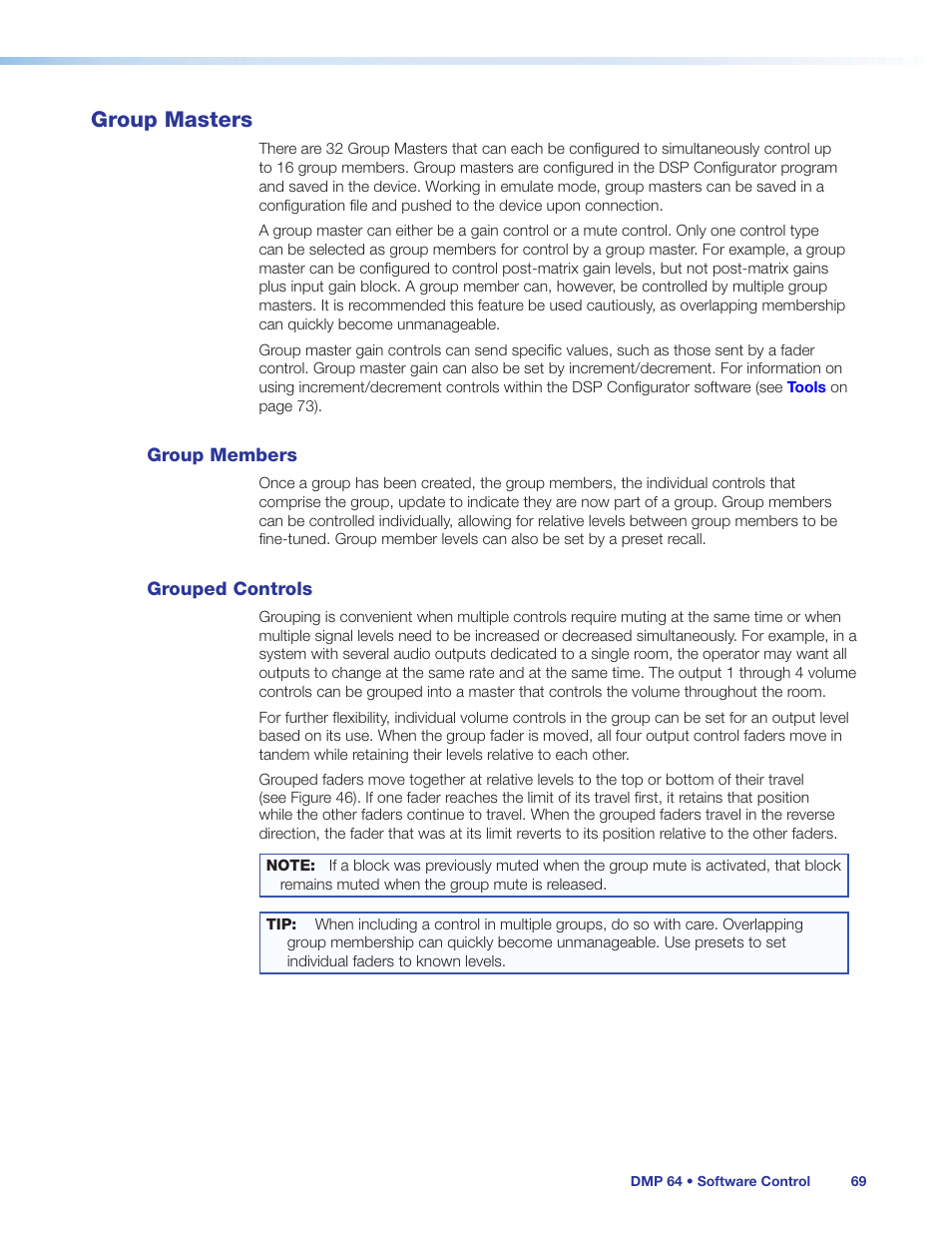 Group masters, Group members, Grouped controls | Group members grouped controls, Ols dialog box (see, Oups dialog box (see, Group, Masters | Extron Electronics DMP 64 User Guide User Manual | Page 75 / 146