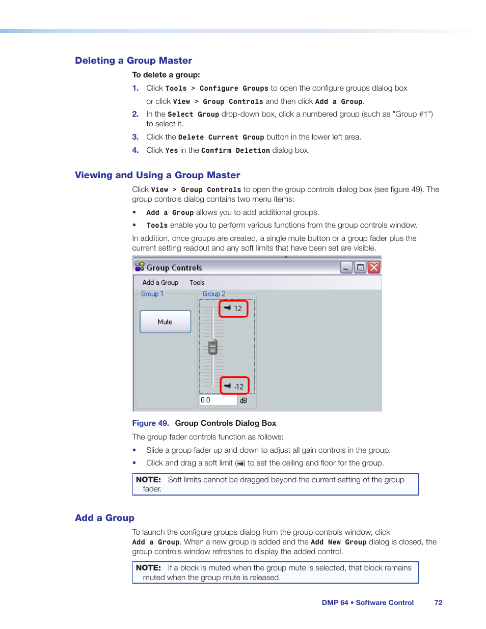 Deleting a group master, Viewing and using a group master, Add a group | Extron Electronics DMP 64 User Guide User Manual | Page 78 / 146