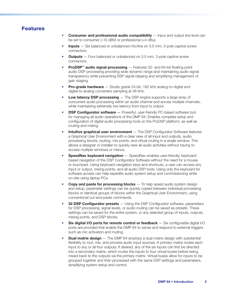 Features | Extron Electronics DMP 64 User Guide User Manual | Page 8 / 146