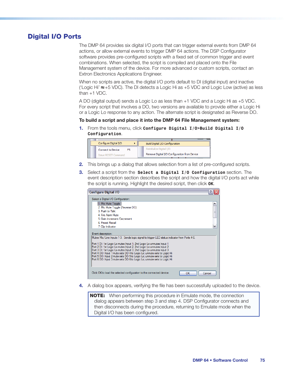 Digital i/o ports, Ed via the dsp configurator (see, Digital i/o | Ports | Extron Electronics DMP 64 User Guide User Manual | Page 81 / 146