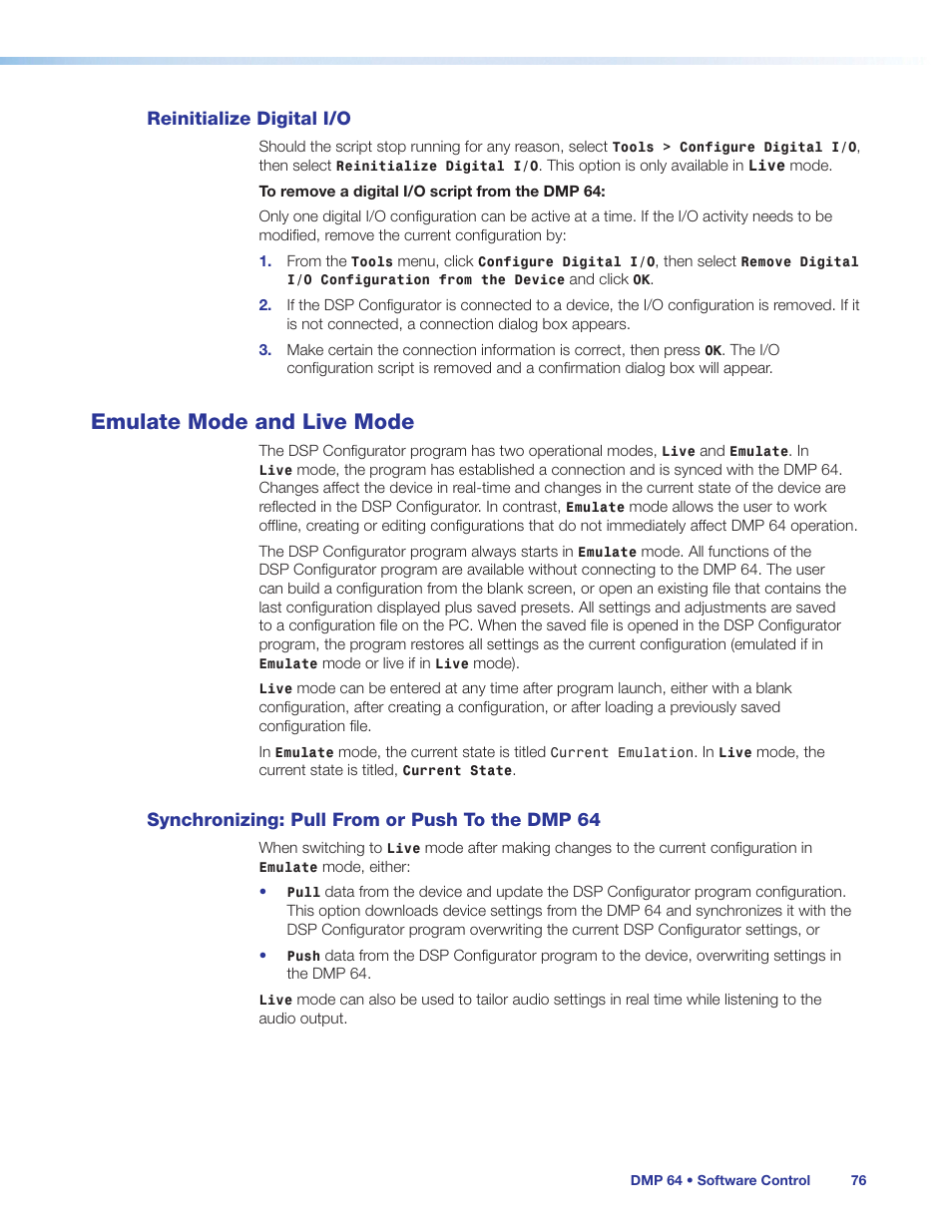 Reinitialize digital i/o, Emulate mode and live mode, Synchronizing: pull from or push to the dmp 64 | Synchronizing, E made (see | Extron Electronics DMP 64 User Guide User Manual | Page 82 / 146