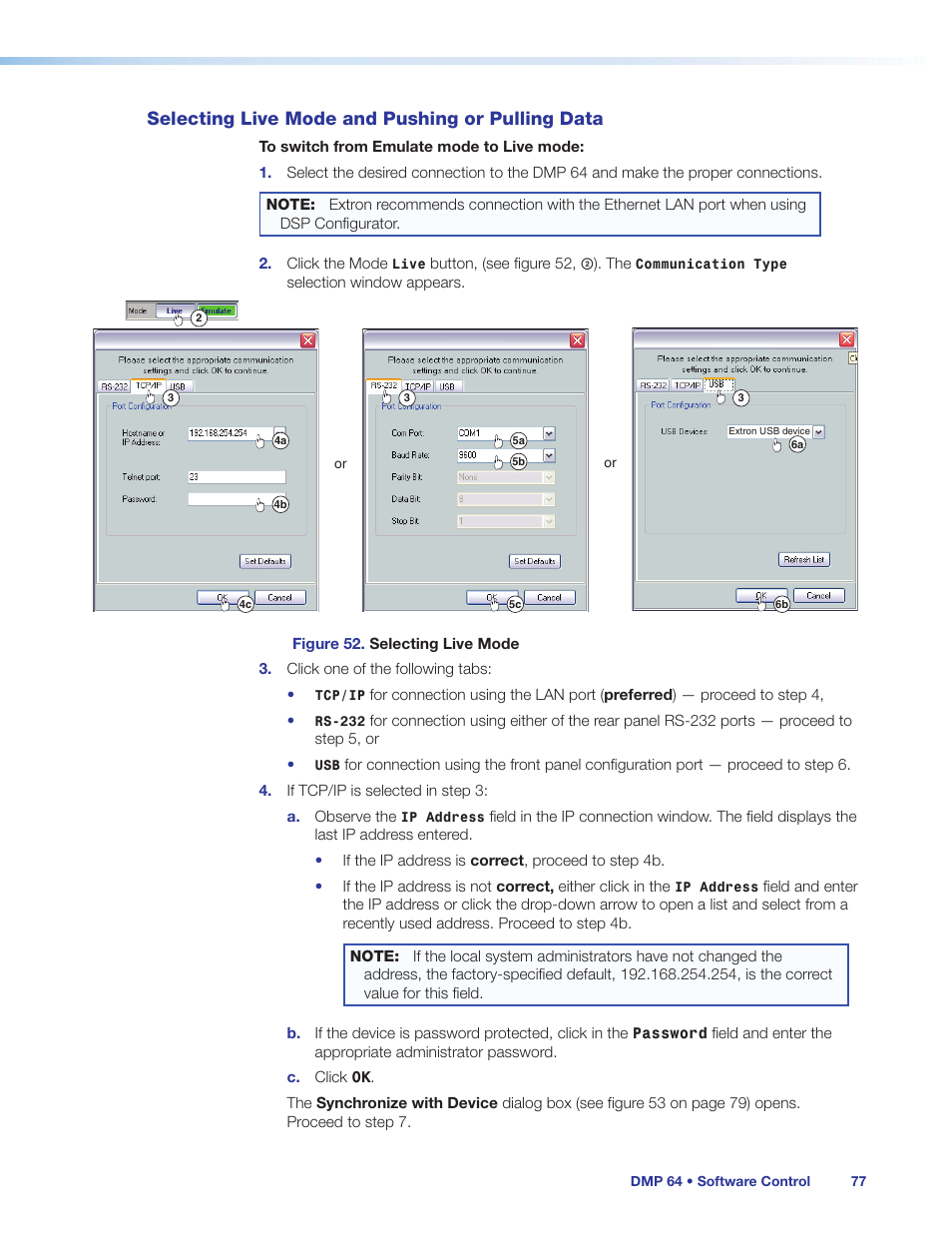 Selecting live mode and pushing or pulling data, Selecting live mode and, Pushing or pulling data | Extron Electronics DMP 64 User Guide User Manual | Page 83 / 146