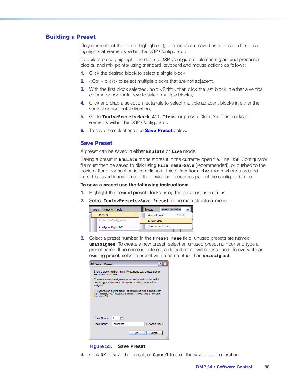 Building a preset | Extron Electronics DMP 64 User Guide User Manual | Page 88 / 146