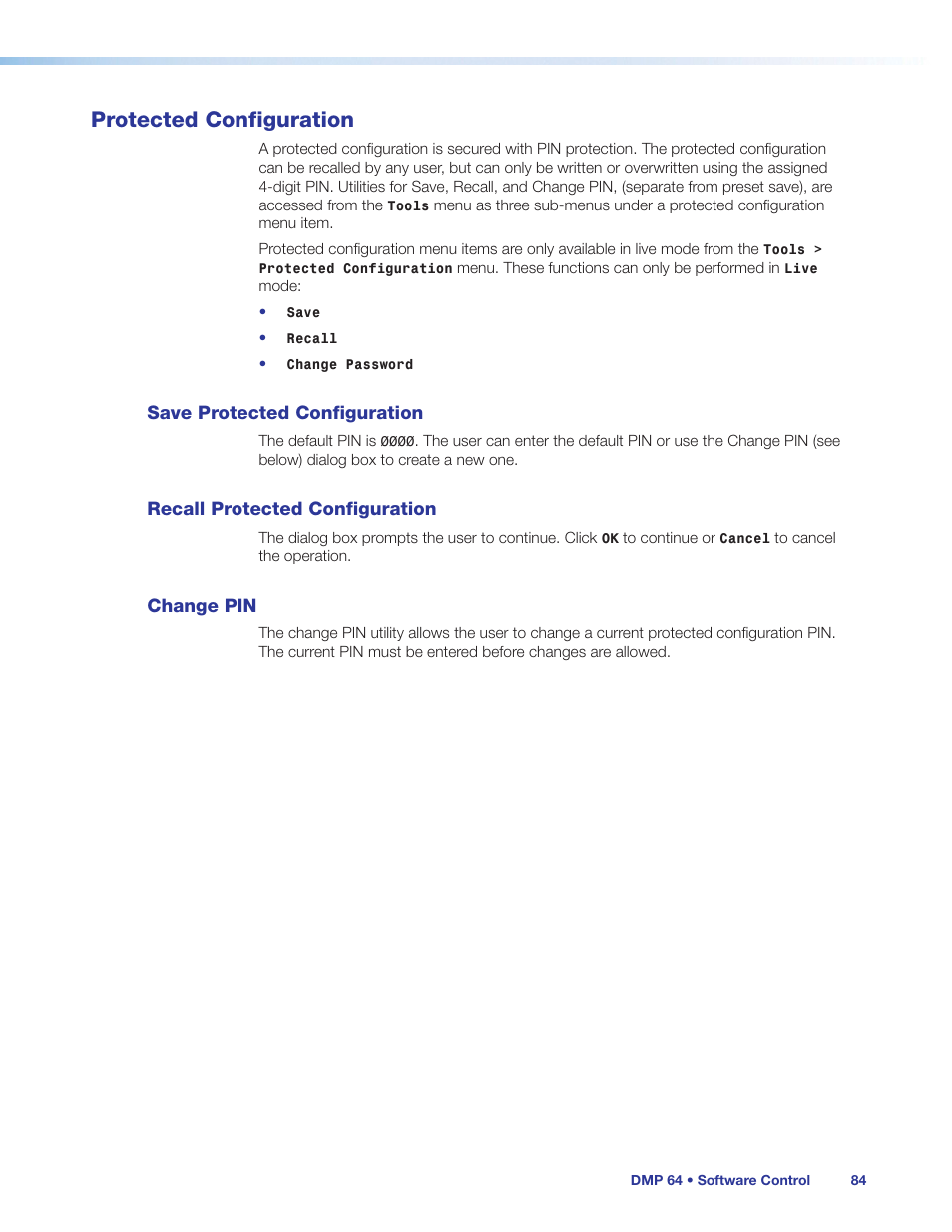 Protected configuration, Save protected configuration, Recall protected configuration | Change pin | Extron Electronics DMP 64 User Guide User Manual | Page 90 / 146