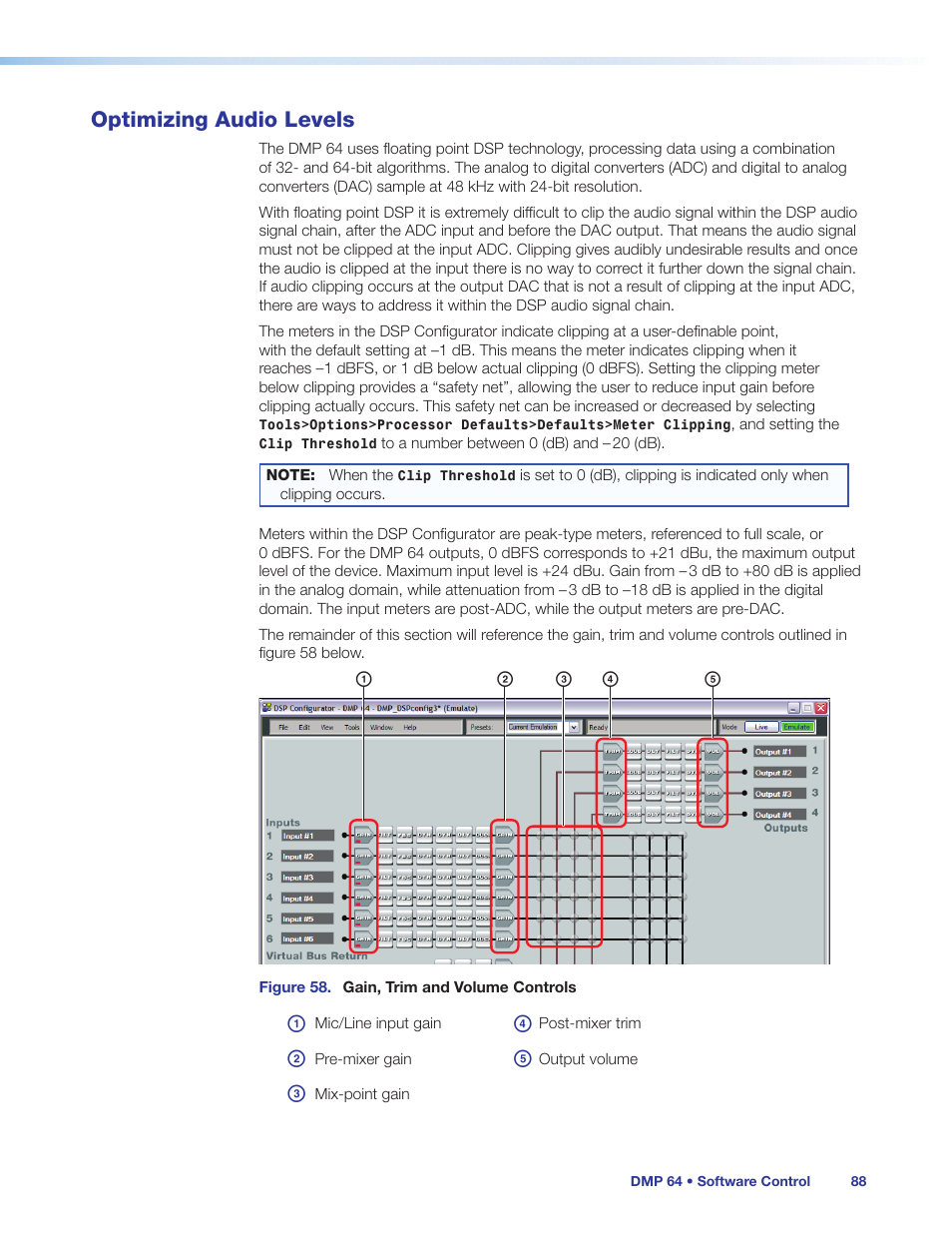 Optimizing audio levels, E (see, Optimizing audio | Levels, Ac d e b | Extron Electronics DMP 64 User Guide User Manual | Page 94 / 146