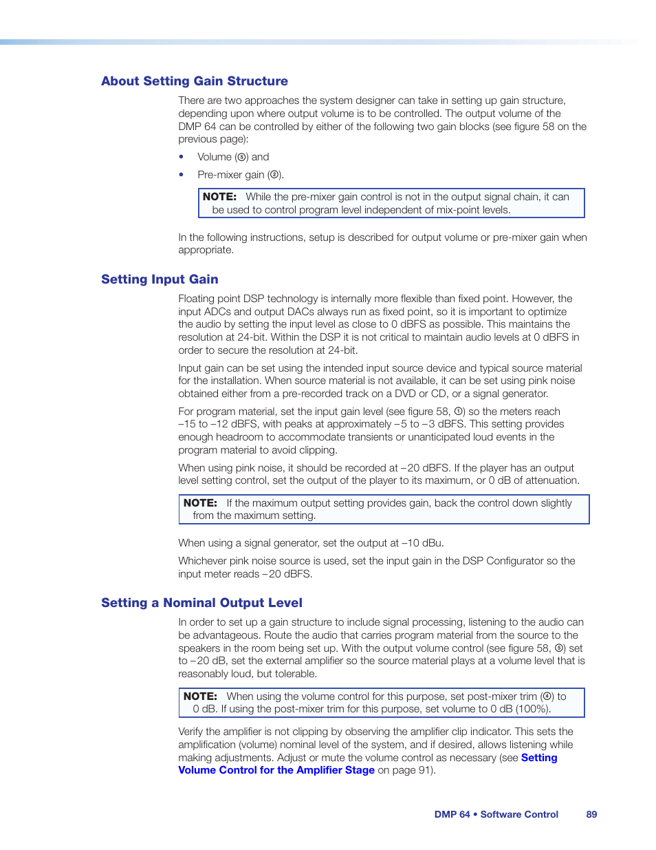 About setting gain structure, Setting input gain, Setting a nominal output level | Extron Electronics DMP 64 User Guide User Manual | Page 95 / 146