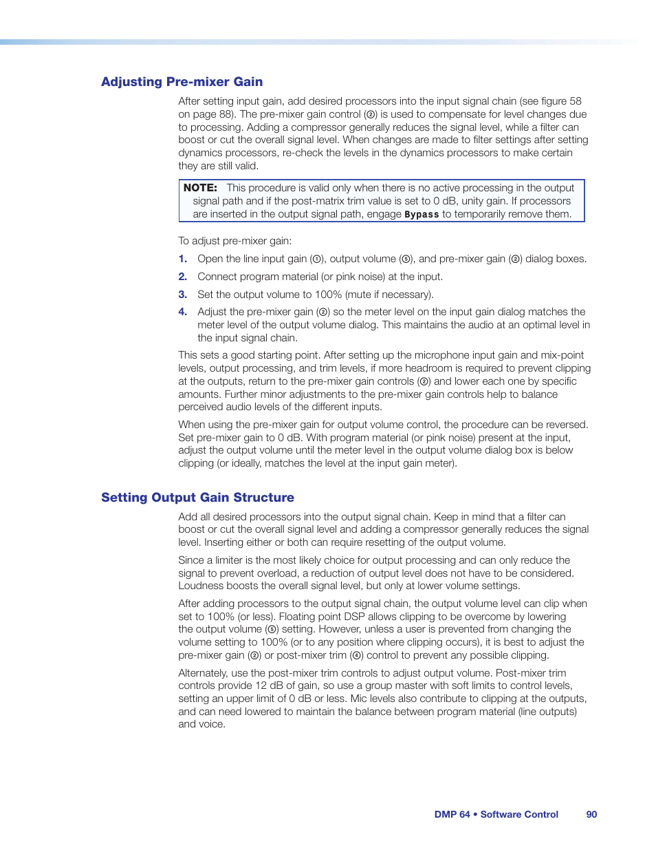 Adjusting pre-mixer gain, Setting output gain structure | Extron Electronics DMP 64 User Guide User Manual | Page 96 / 146