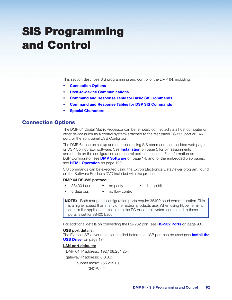 Sis programming and control, Connection options, Command (see | Extron Electronics DMP 64 User Guide User Manual | Page 98 / 146