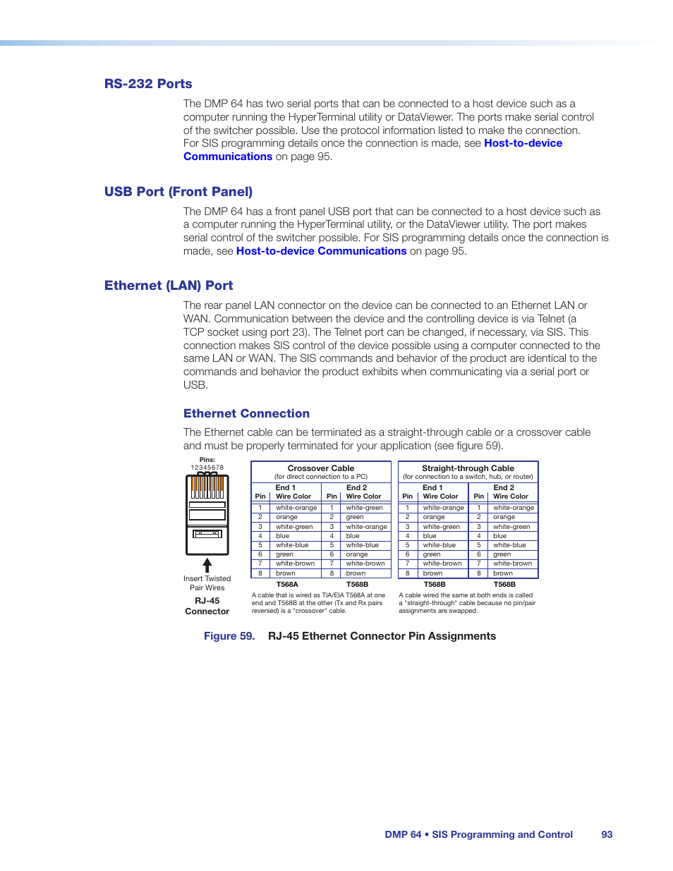 Rs-232 ports, Usb port (front panel), Ethernet (lan) port | 232 port, see, Ethernet connection, Dmp 64 • sis programming and control 93 | Extron Electronics DMP 64 User Guide User Manual | Page 99 / 146