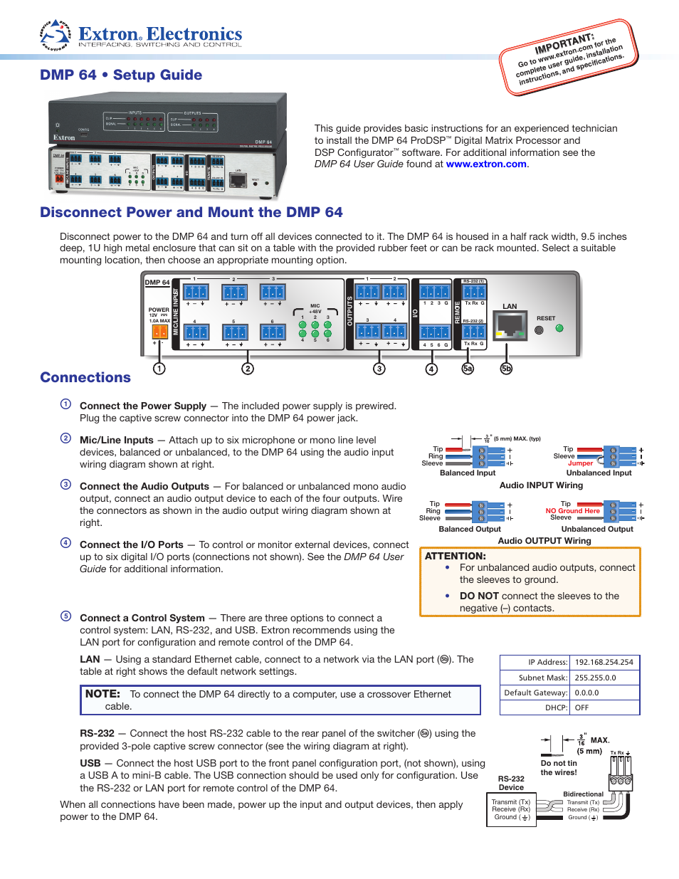 Extron Electronics DMP 64 Setup Guide User Manual | 2 pages
