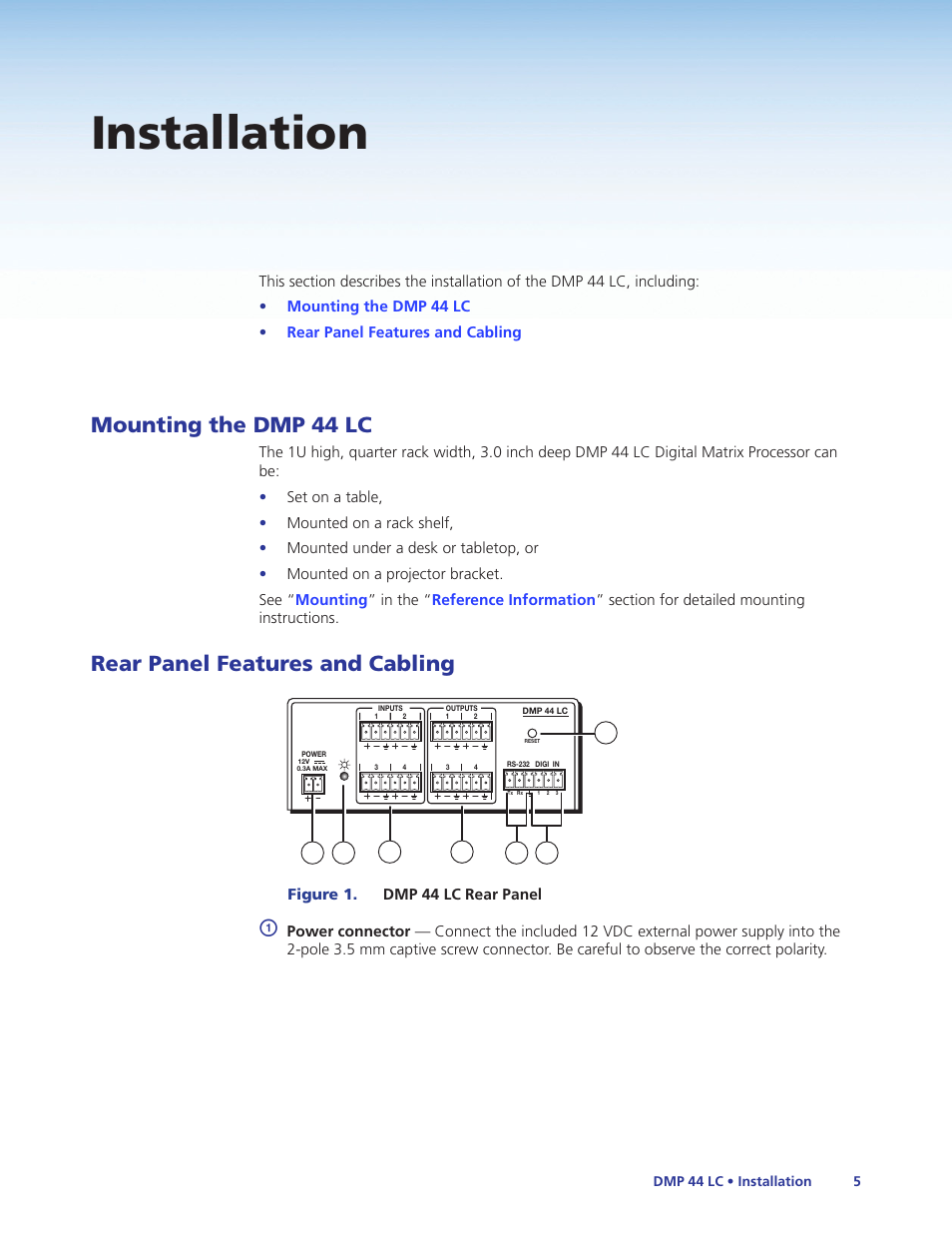 Installation, Mounting the dmp 44 lc, Rear panel features and cabling | Extron Electronics DMP 44 LC User Guide User Manual | Page 11 / 81