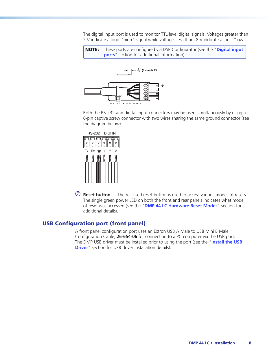 Usb configuration port (front panel) | Extron Electronics DMP 44 LC User Guide User Manual | Page 14 / 81
