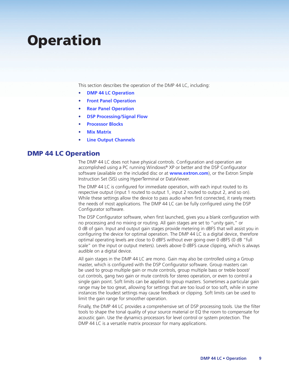 Operation, Dmp 44 lc operation | Extron Electronics DMP 44 LC User Guide User Manual | Page 15 / 81